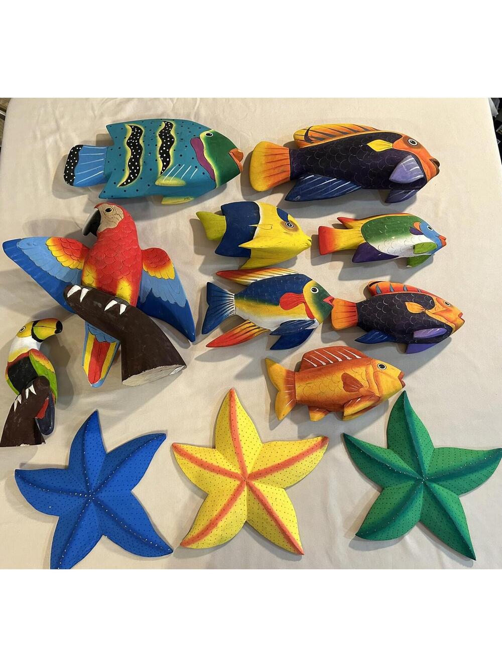 Vintage Hand Carved Wood Tropical Fish & Bird Sculpture Set/12 Multicolor